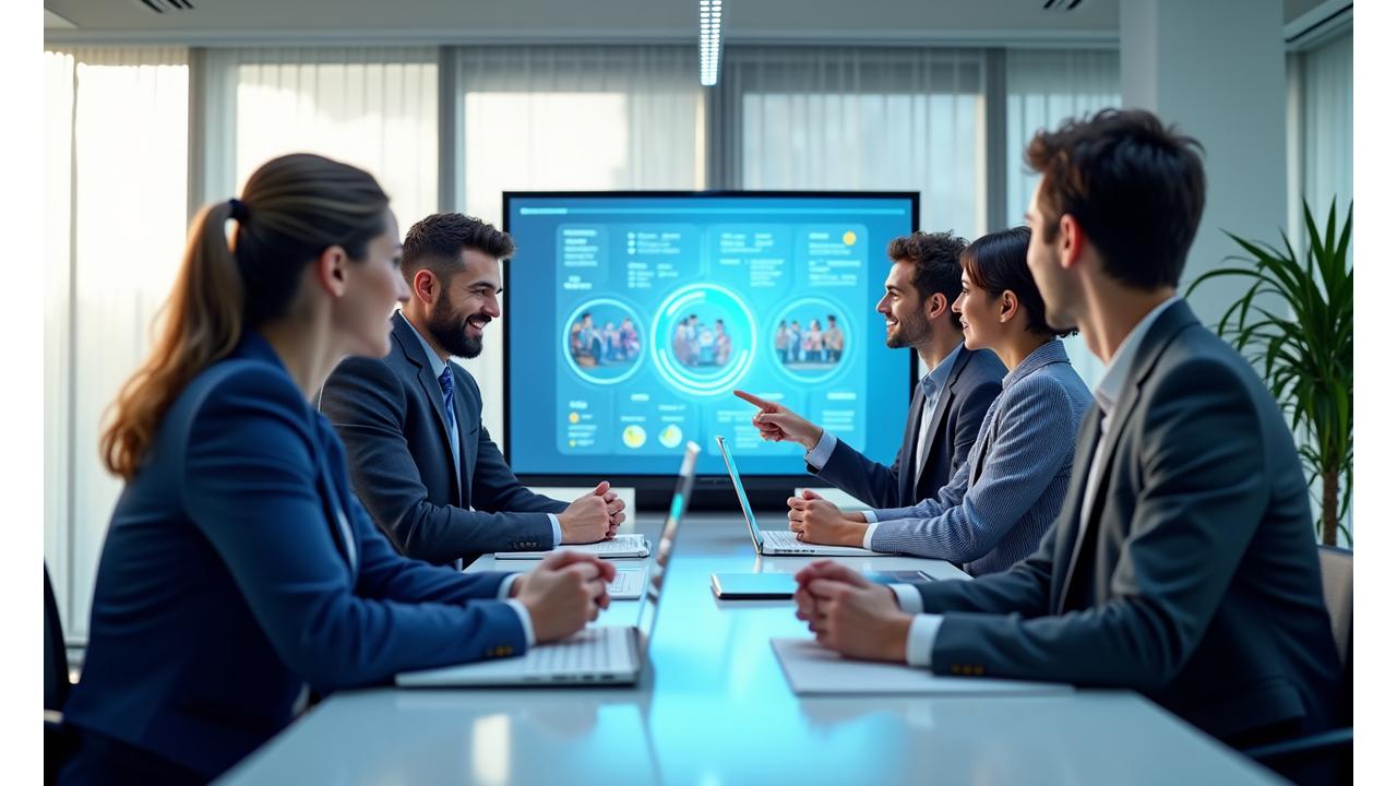 Professionals collaborating dynamically in a modern, light-filled office space, symbolizing efficient talent acquisition and strategic partnerships.